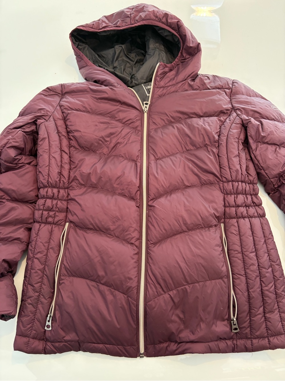 Lucky Brand Quilted Hooded Puffer Jacket - Plum medium